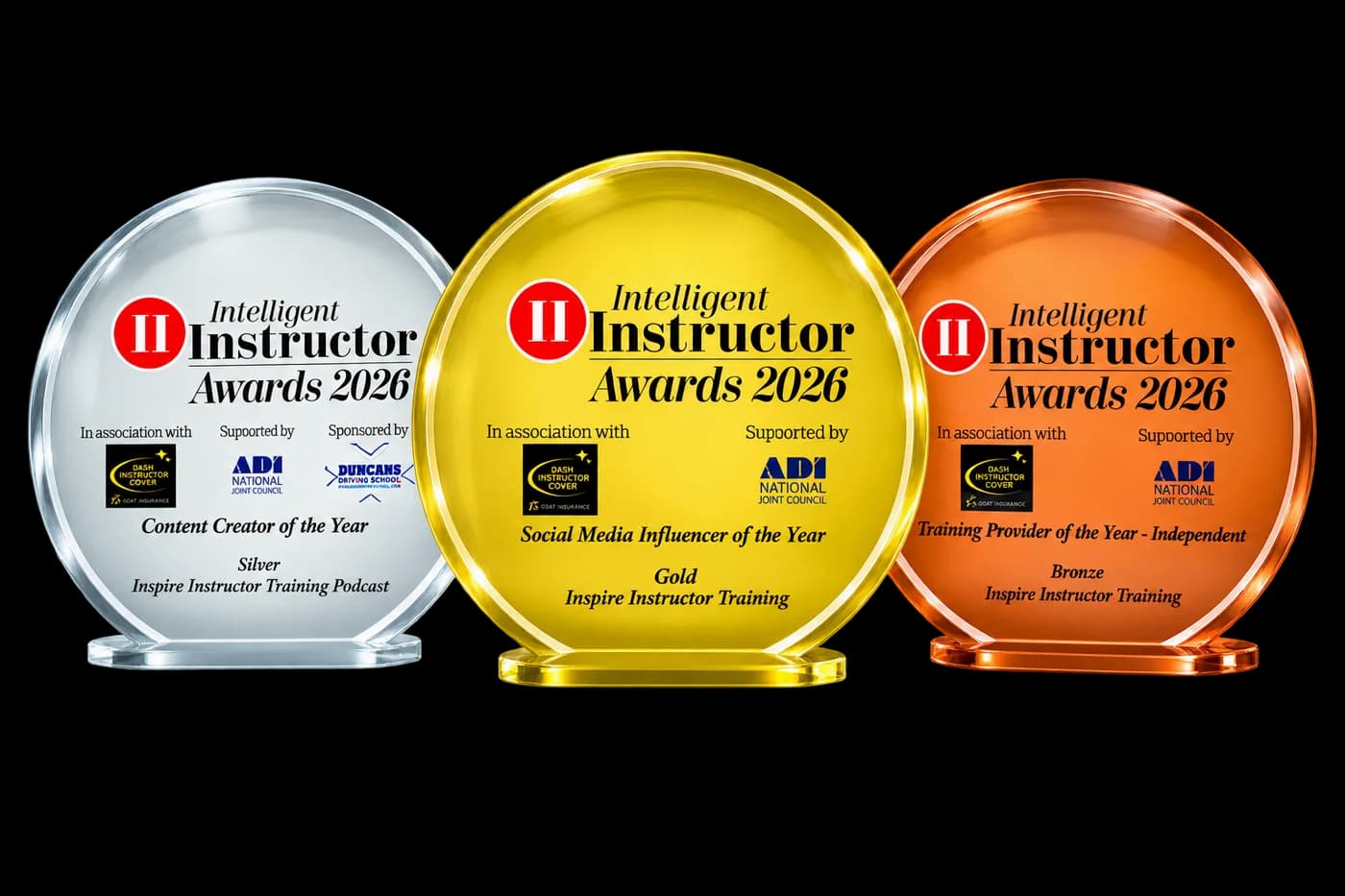 The three Intelligent Instructor Awards 2026 trophies won by Inspire: silver for Content Creator of the Year, gold for Social Media Influencer of the Year and bronze for Training Provider of the Year, Independent