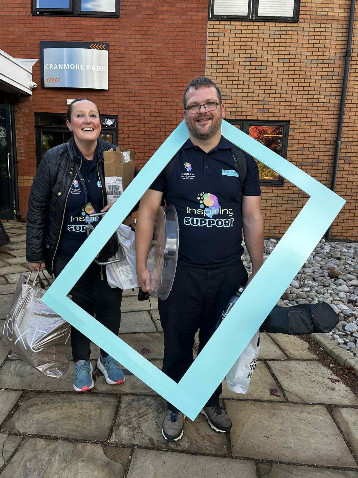 Phil and Diana arriving at Cranmore Park with the Inspiring Support frame