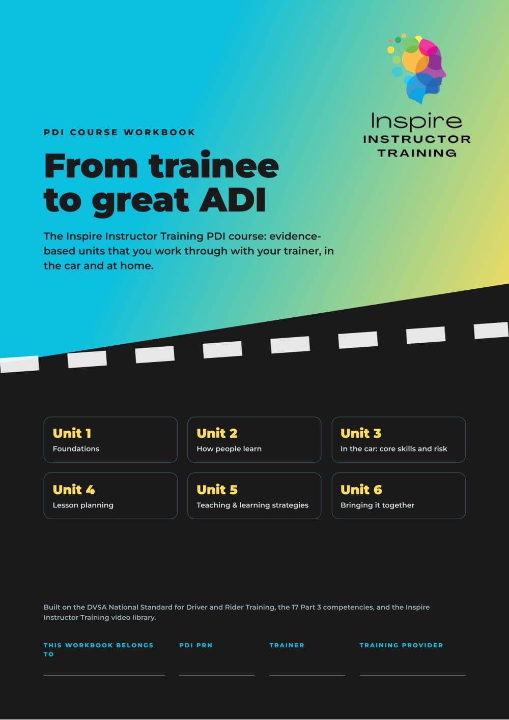 The cover of the Inspire PDI Course Workbook: From trainee to great ADI, with its six units listed