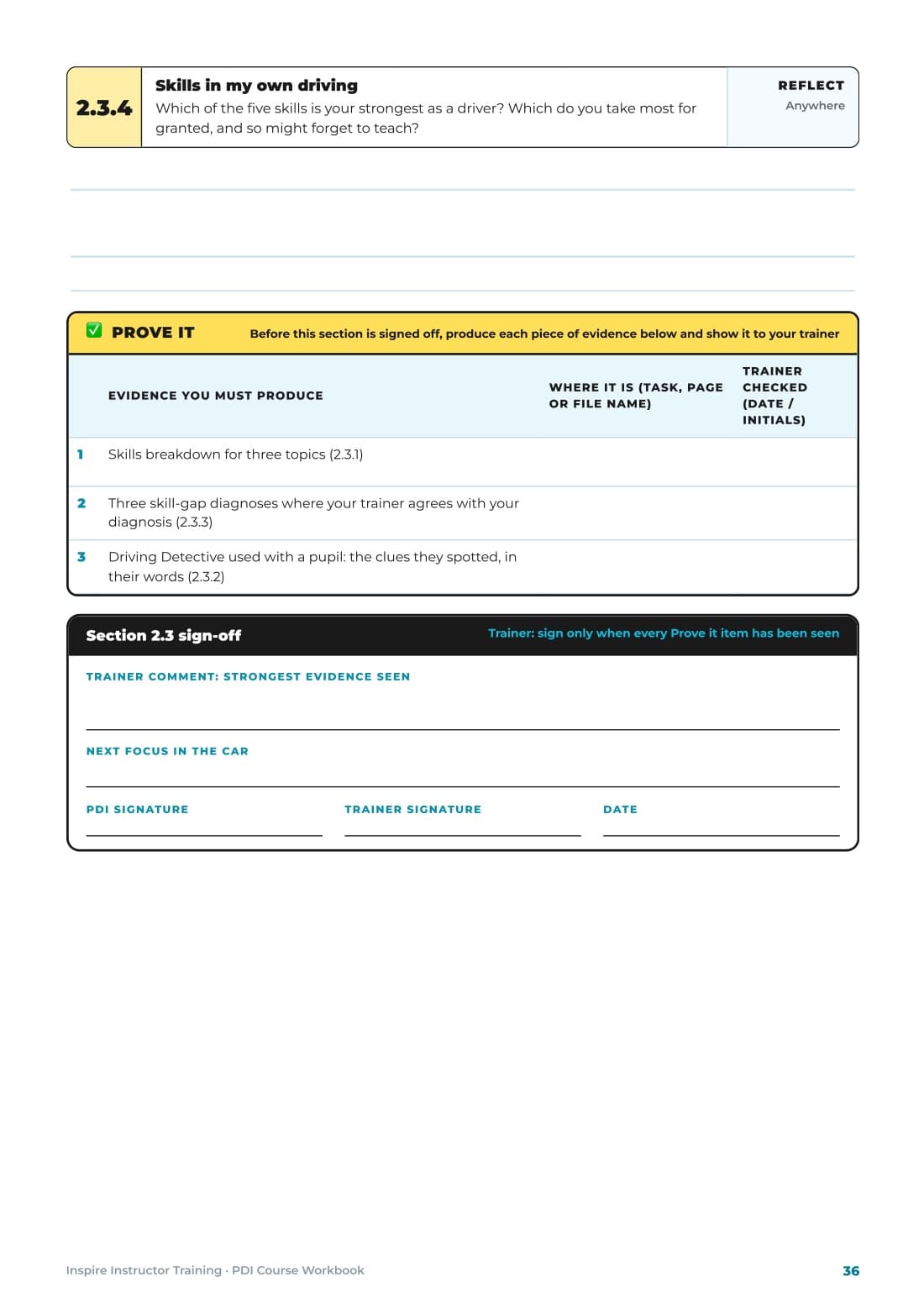 Workbook page 36: the Prove it evidence table and the trainer sign-off box for section 2.3