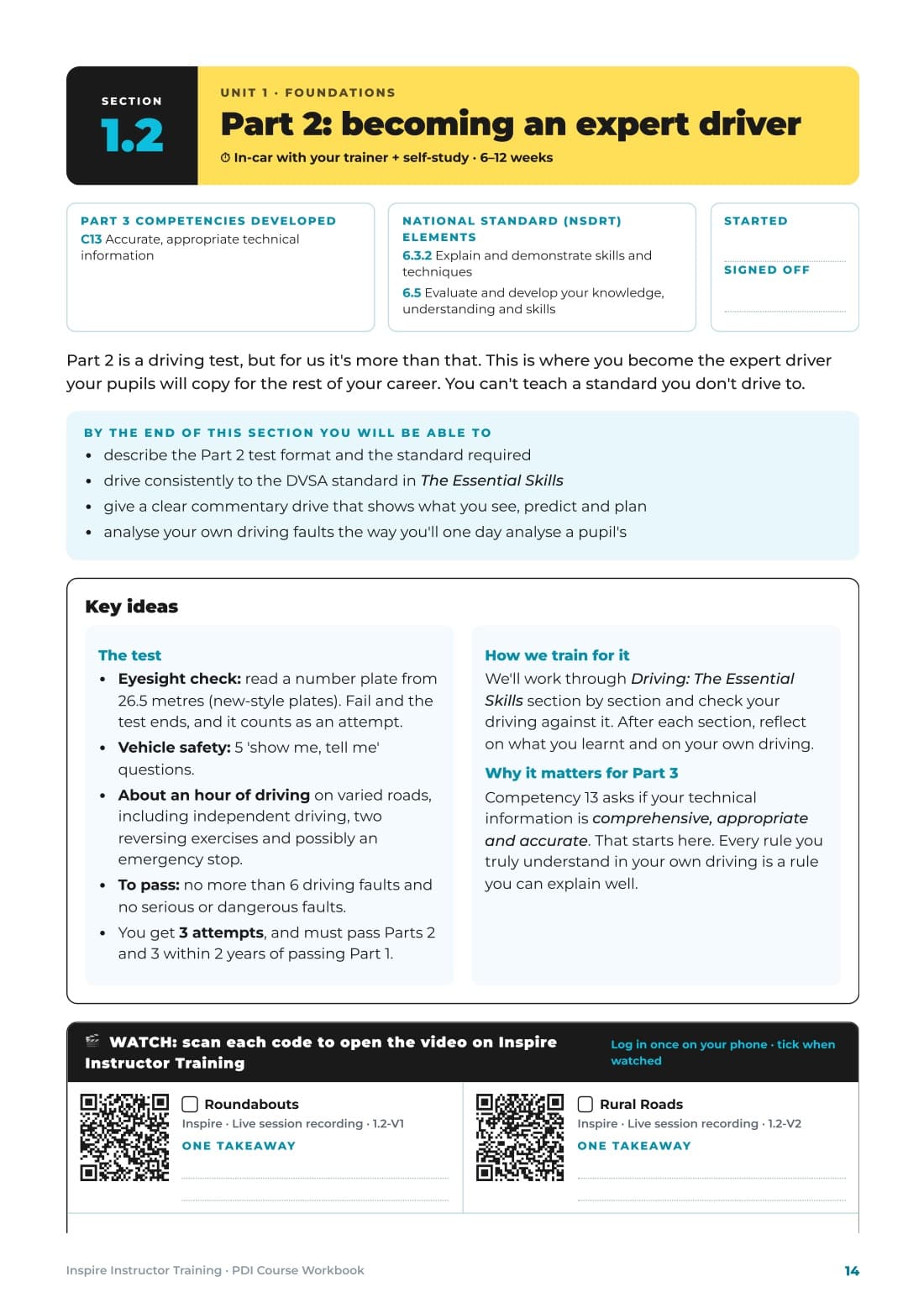 Workbook page 14: section 1.2, becoming an expert driver, with key ideas and video QR codes