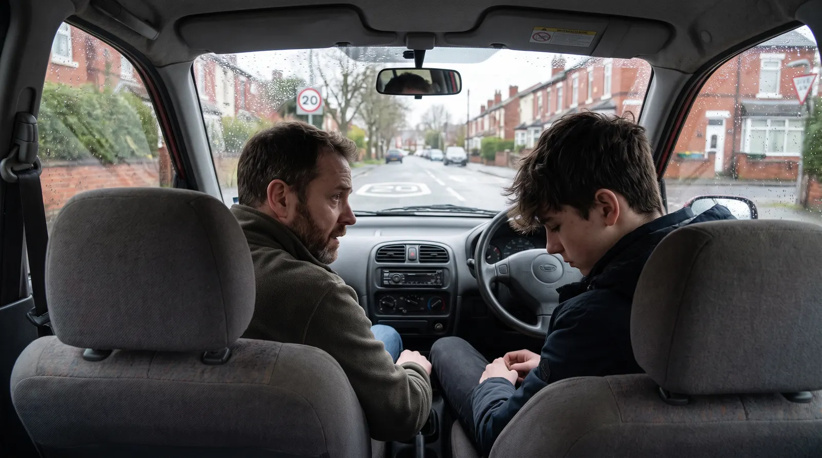 A driving instructor in the passenger seat turning to listen closely to a learner who has pulled over on a quiet British residential street