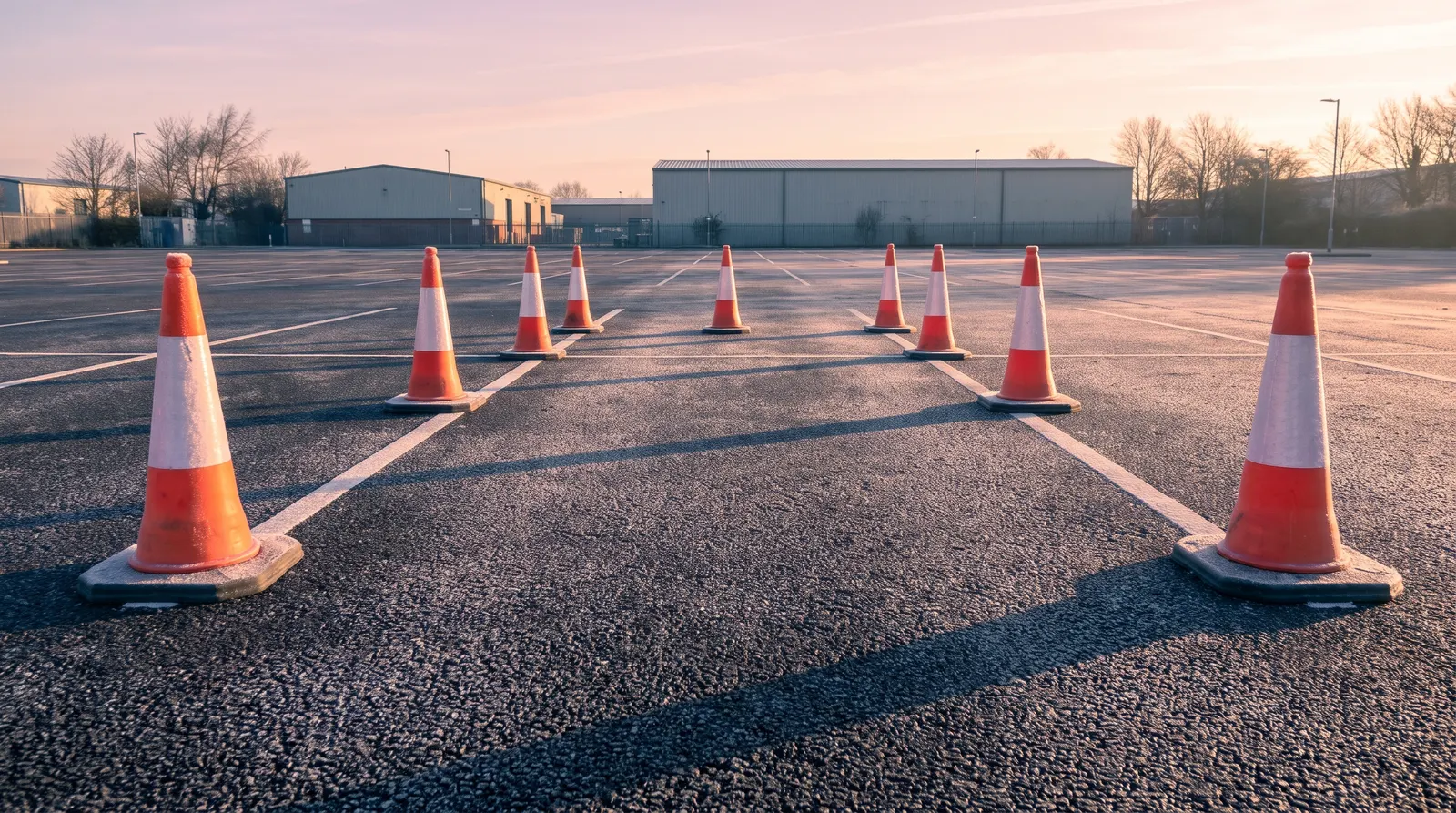 Traffic cones marking out an extra-wide practice parking bay in an empty car park on a frosty morning
