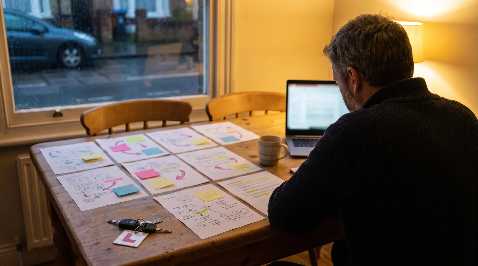 A driving instructor's kitchen table in the evening with reflective logs spread out, a laptop and a mug of tea