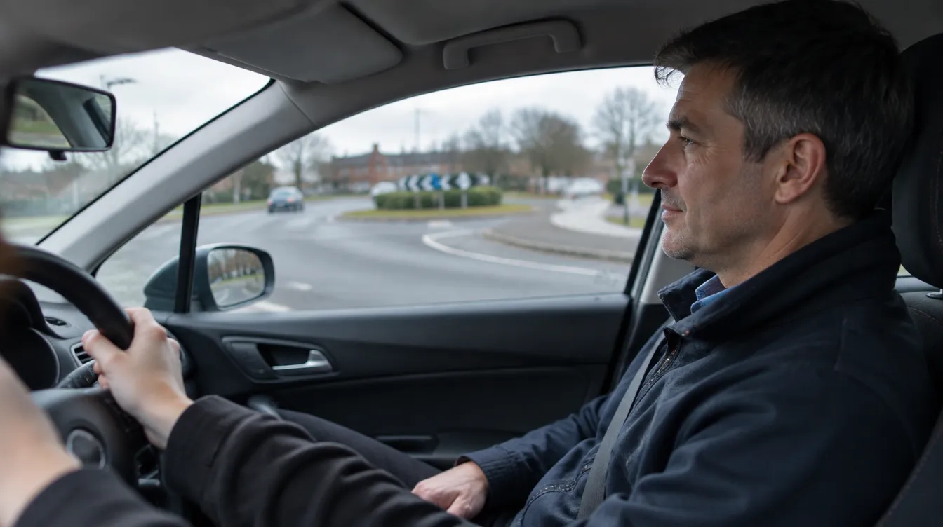 Driving instructor sitting calmly while the learner approaches a roundabout