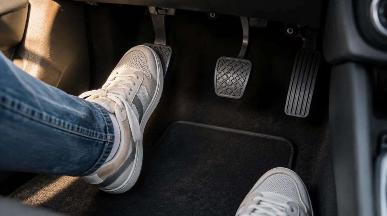 Learner driver's foot gently lifting the clutch pedal