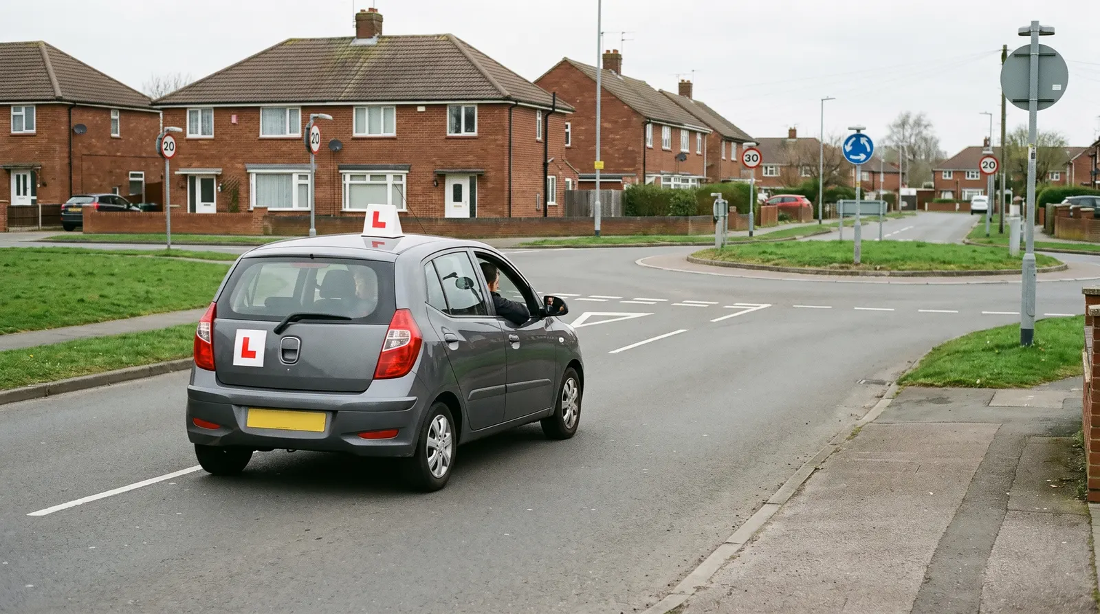 Learner car approaching a quiet suburban roundabout on a practice loop